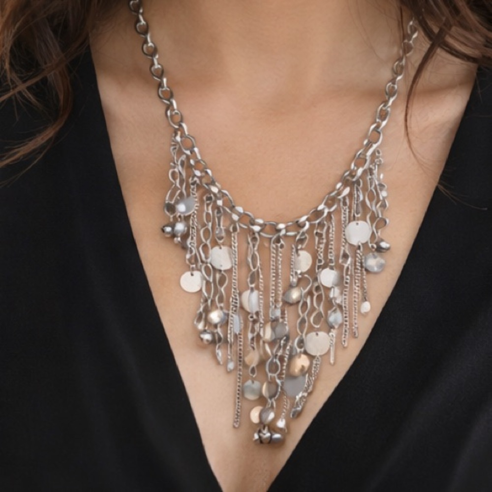 Silver Fringe Statement Necklace Layered Chain Bib Boho Festival